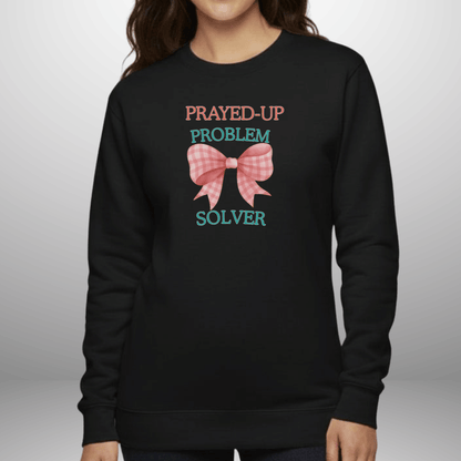 Prayed-Up Problem Solver Gingham Bow Christian Sweatshirt w/ Bible Sleeve Verse (2 Timothy 2:2) • Gildan 18000 • Back to School