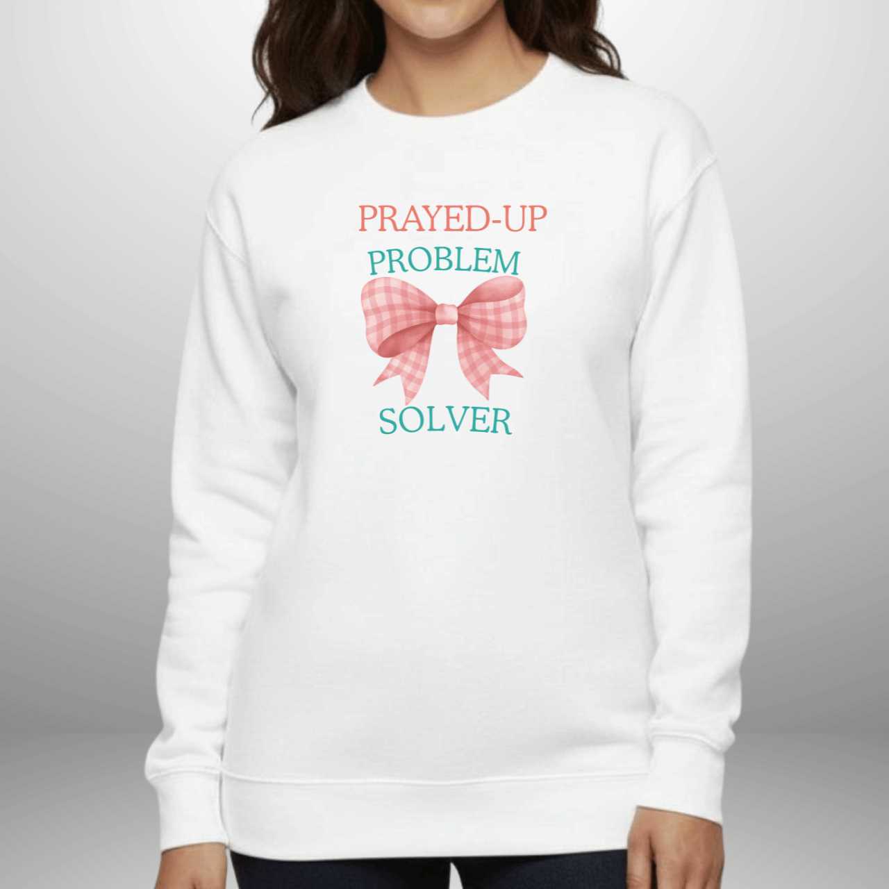 Prayed-Up Problem Solver Gingham Bow Christian Sweatshirt w/ Bible Sleeve Verse (2 Timothy 2:2) • Gildan 18000 • Back to School