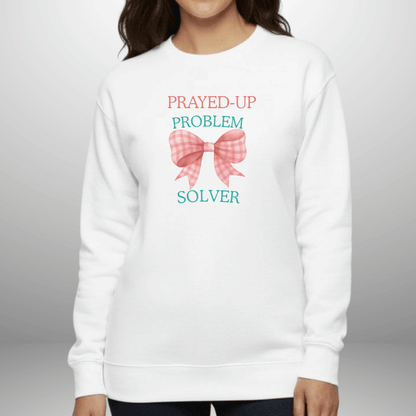 Prayed-Up Problem Solver Gingham Bow Christian Sweatshirt w/ Bible Sleeve Verse (2 Timothy 2:2) • Gildan 18000 • Back to School