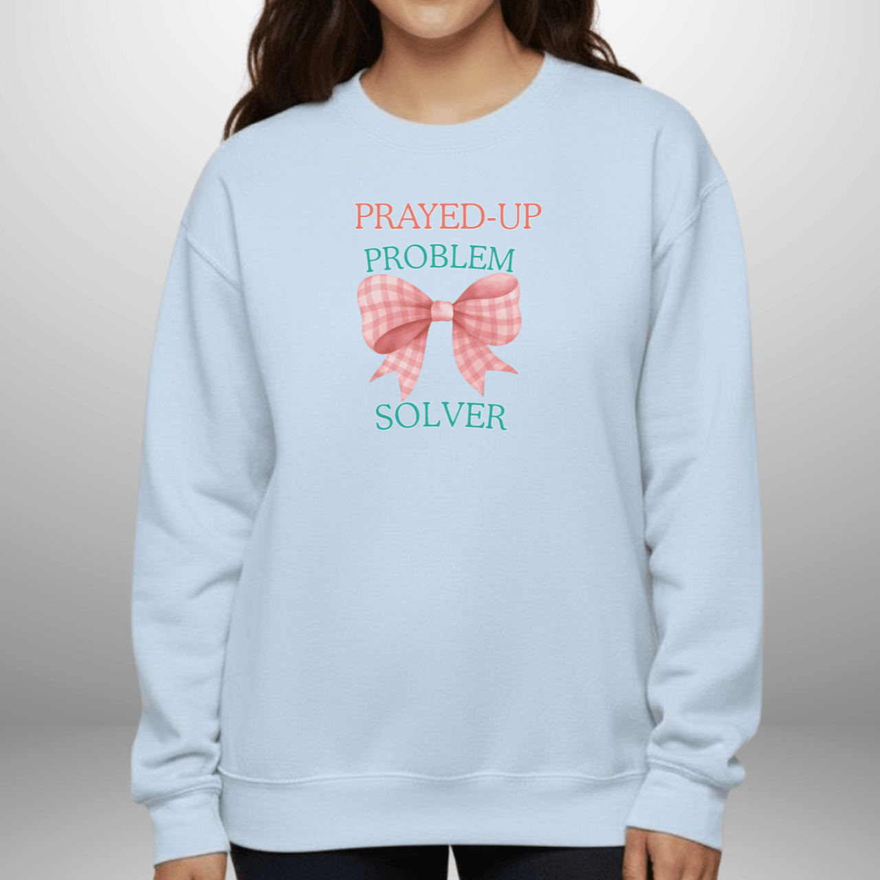 Prayed-Up Problem Solver Gingham Bow Christian Sweatshirt w/ Bible Sleeve Verse (2 Timothy 2:2) • Gildan 18000 • Back to School