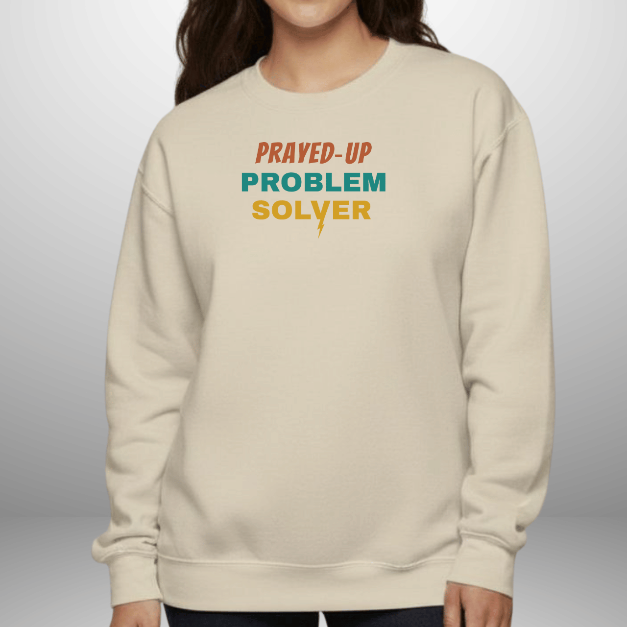 Prayed-Up Problem Solver Retro Lightening Bolt w/Bible Sleeve Verse (Philippians 4:6)  Christian Teacher Sweatshirt • Gildan 18000 Unisex Fleece • Back to School