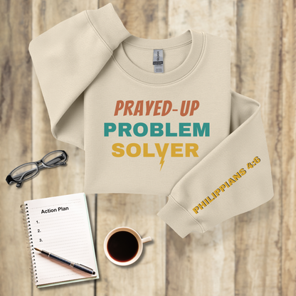 Prayed-Up Problem Solver Retro Lightening Bolt w/Bible Sleeve Verse (Philippians 4:6)  Christian Teacher Sweatshirt • Gildan 18000 Unisex Fleece • Back to School