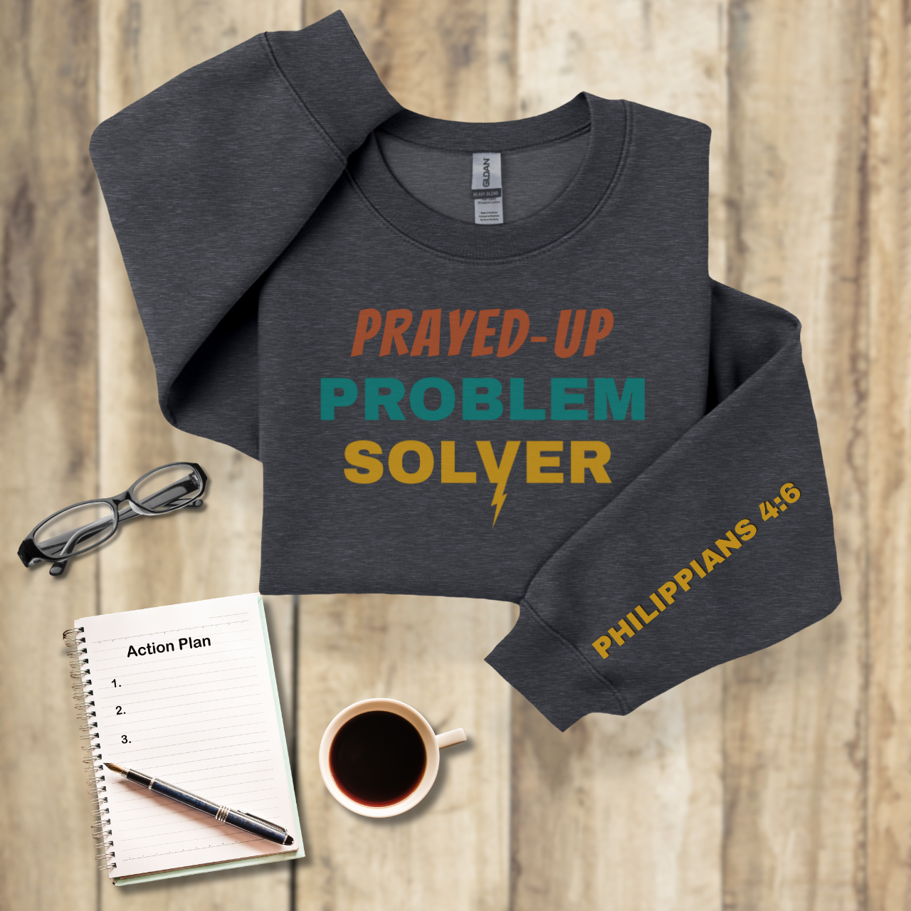 Prayed-Up Problem Solver Retro Lightening Bolt w/Bible Sleeve Verse (Philippians 4:6)  Christian Teacher Sweatshirt • Gildan 18000 Unisex Fleece • Back to School