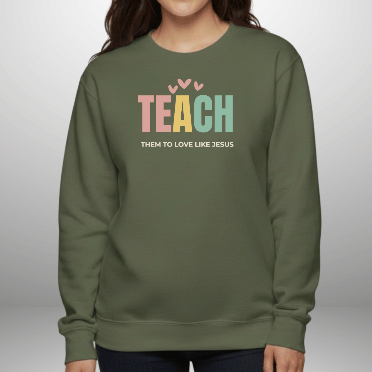 Teach Them to Love Like Jesus Pastel Hearts w/Bible Sleeve Verse John 13:34 • Christian Teacher Sweatshirt —  Gildan 18000 • Back to School