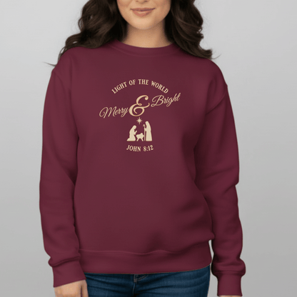 Merry & Bright Light of the World Sweatshirt | John 8:12 Bible Verse Christmas Crewneck | Christian Nativity Sweater | Gildan 18000