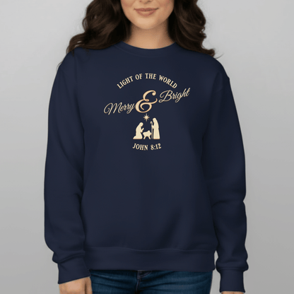 Merry & Bright Light of the World Sweatshirt | John 8:12 Bible Verse Christmas Crewneck | Christian Nativity Sweater | Gildan 18000