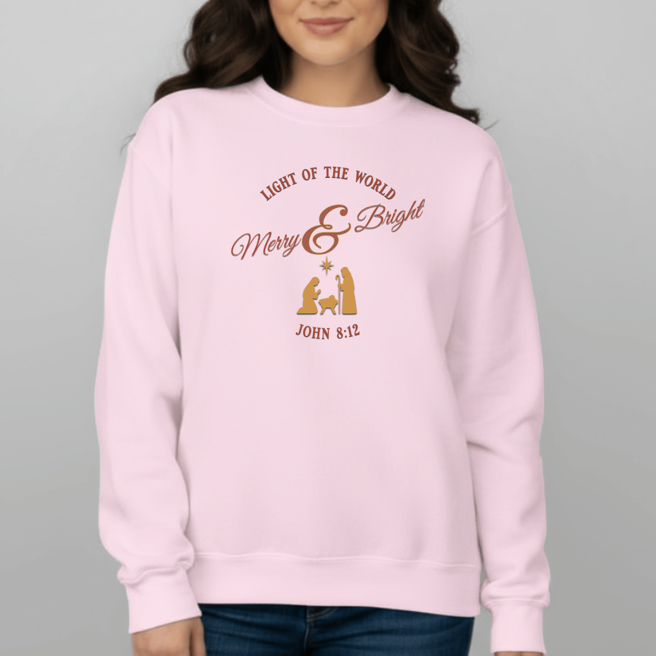 Merry & Bright Light of the World Sweatshirt | John 8:12 Bible Verse Christmas Crewneck | Christian Nativity Sweater | Gildan 18000