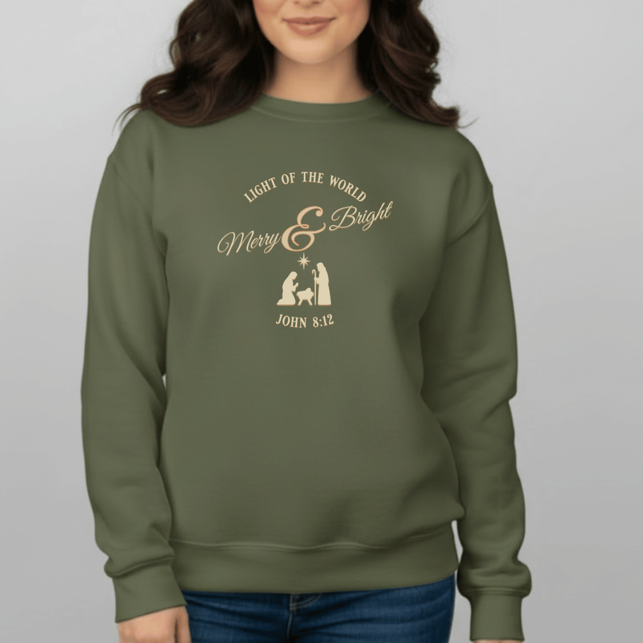 Merry & Bright Light of the World Sweatshirt | John 8:12 Bible Verse Christmas Crewneck | Christian Nativity Sweater | Gildan 18000