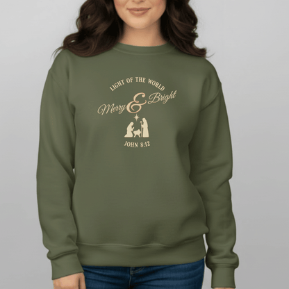 Merry & Bright Light of the World Sweatshirt | John 8:12 Bible Verse Christmas Crewneck | Christian Nativity Sweater | Gildan 18000