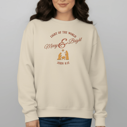 Merry & Bright Light of the World Sweatshirt | John 8:12 Bible Verse Christmas Crewneck | Christian Nativity Sweater | Gildan 18000