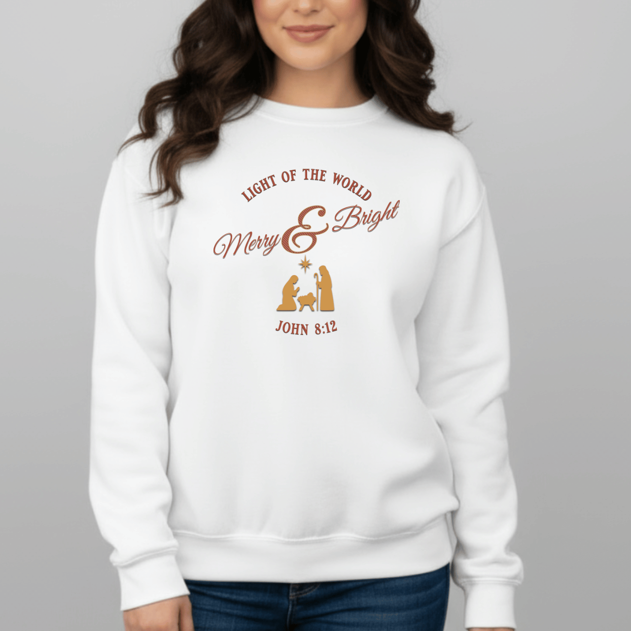 Merry & Bright Light of the World Sweatshirt | John 8:12 Bible Verse Christmas Crewneck | Christian Nativity Sweater | Gildan 18000