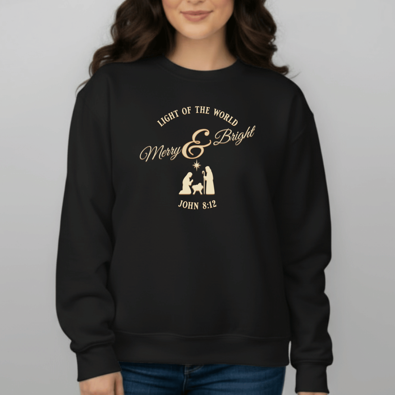 Merry & Bright Light of the World Sweatshirt | John 8:12 Bible Verse Christmas Crewneck | Christian Nativity Sweater | Gildan 18000