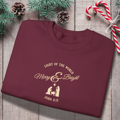 Merry & Bright Light of the World Sweatshirt | John 8:12 Bible Verse Christmas Crewneck | Christian Nativity Sweater | Gildan 18000