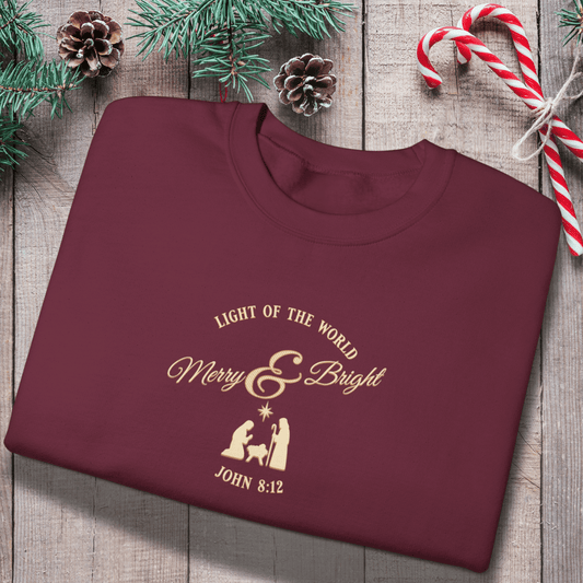 Merry & Bright Light of the World Sweatshirt | John 8:12 Bible Verse Christmas Crewneck | Christian Nativity Sweater | Gildan 18000