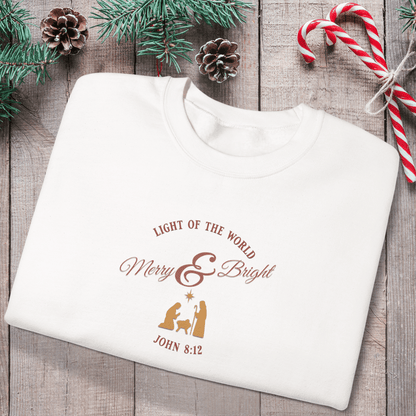 Merry & Bright Light of the World Sweatshirt | John 8:12 Bible Verse Christmas Crewneck | Christian Nativity Sweater | Gildan 18000