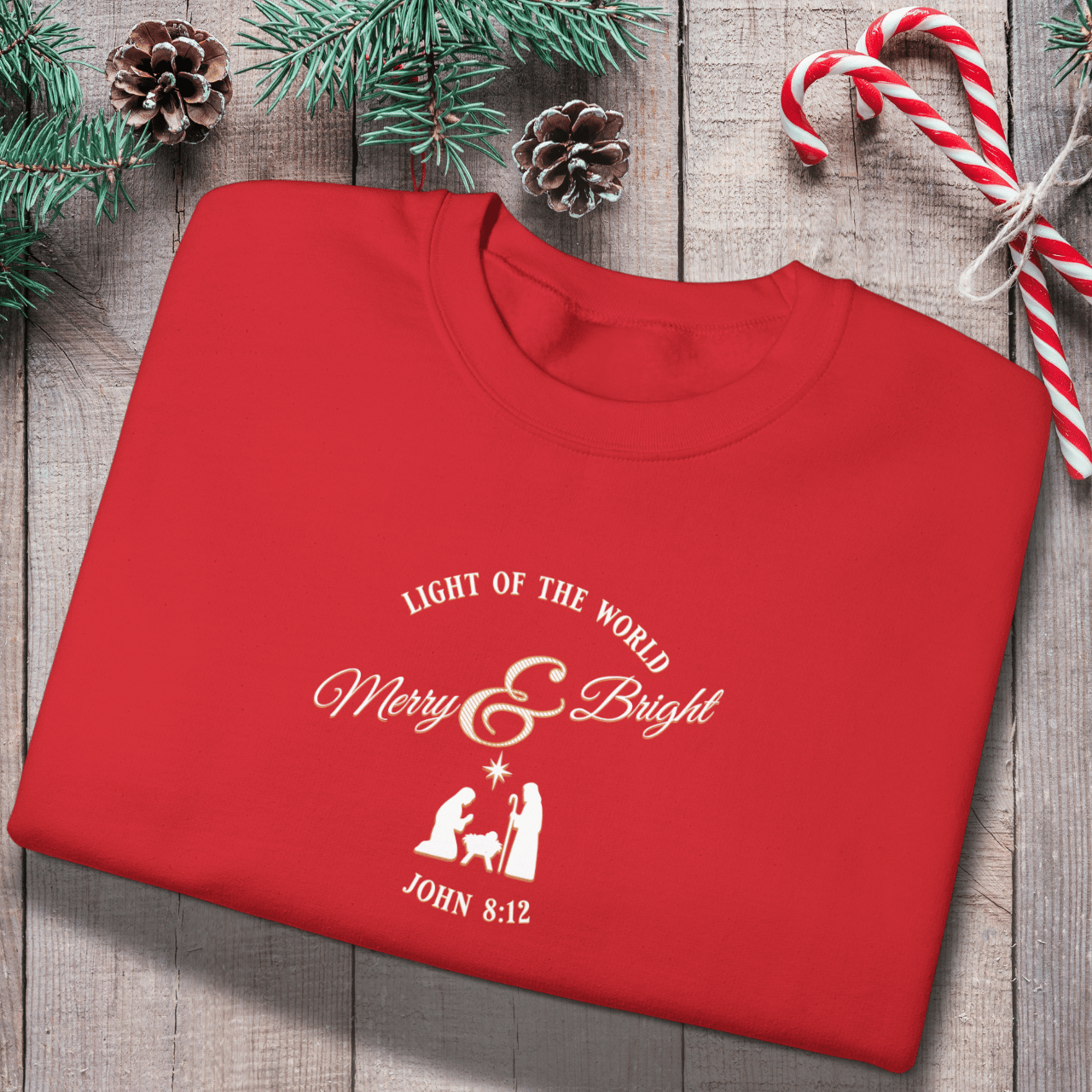 Merry & Bright Light of the World Sweatshirt | John 8:12 Bible Verse Christmas Crewneck | Christian Nativity Sweater | Gildan 18000