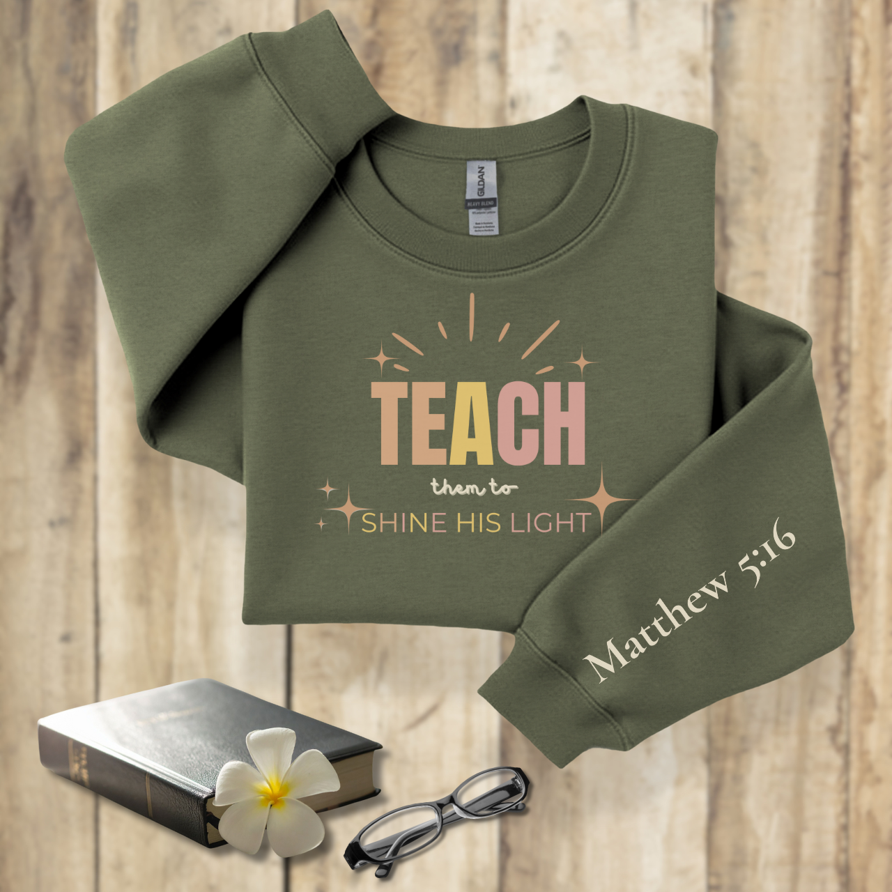 Teach Them to Shine His Light Pastel Rays w/Bible Sleeve Verse Matthew 5:16•  Christian Teacher Sweatshirt —Gildan 18000 • Back to School