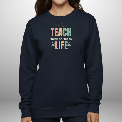 Teach Them to Speak Life Pastel w/Bible Sleeve Verse John 13:34 • Christian Teacher Sweatshirt — Gildan 18000 • Back to School