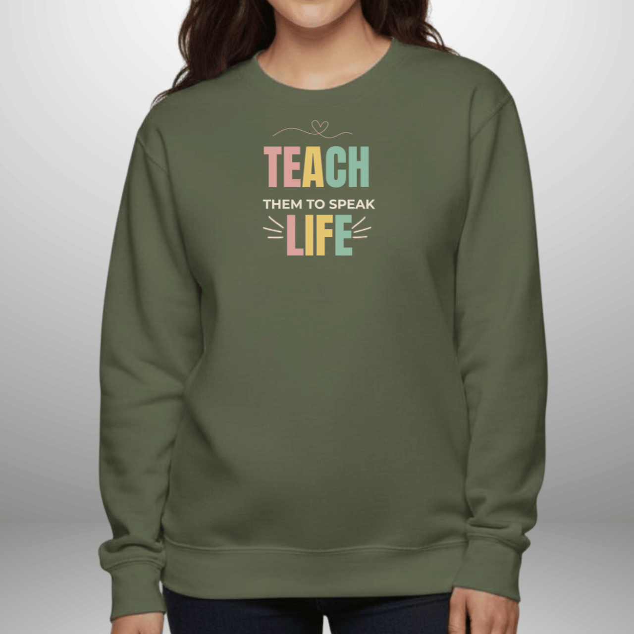 Teach Them to Speak Life Pastel w/Bible Sleeve Verse John 13:34 • Christian Teacher Sweatshirt — Gildan 18000 • Back to School