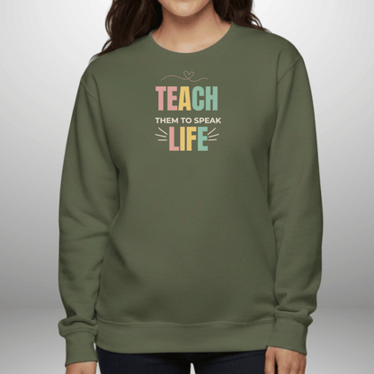 Teach Them to Speak Life Pastel w/Bible Sleeve Verse John 13:34 • Christian Teacher Sweatshirt — Gildan 18000 • Back to School