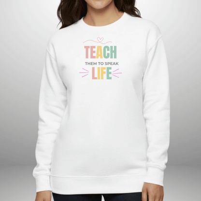 Teach Them to Speak Life Pastel w/Bible Sleeve Verse John 13:34 • Christian Teacher Sweatshirt — Gildan 18000 • Back to School