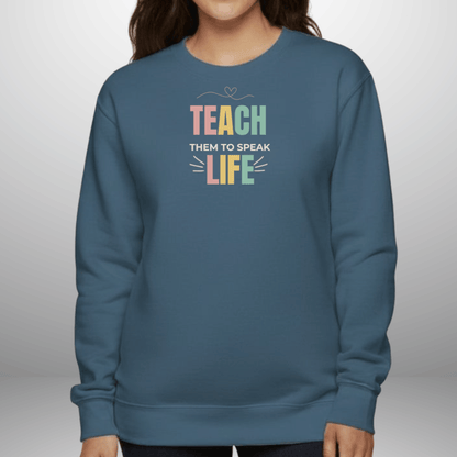 Teach Them to Speak Life Pastel w/Bible Sleeve Verse John 13:34 • Christian Teacher Sweatshirt — Gildan 18000 • Back to School