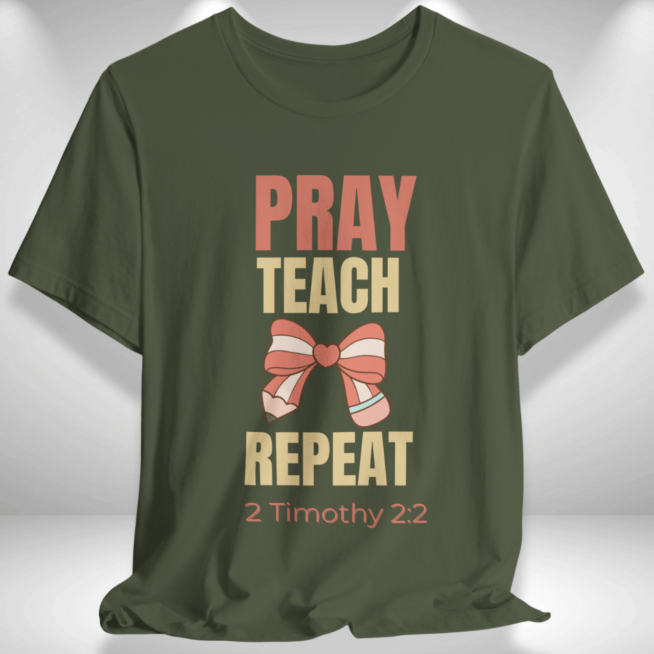 Pray Teach Repeat Coquette Bow (with 2 Timothy 2:2 Bible Verse) Christian Tee— Back-to-School Pastel Pop Pencil