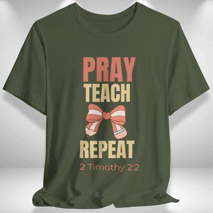 Pray Teach Repeat Coquette Bow (with 2 Timothy 2:2 Bible Verse) Christian Tee— Back-to-School Pastel Pop Pencil