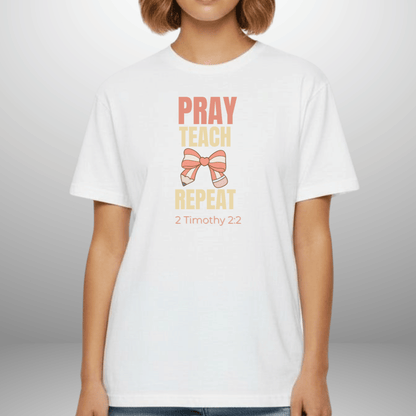 Pray Teach Repeat Coquette Bow (with 2 Timothy 2:2 Bible Verse) Christian Tee— Back-to-School Pastel Pop Pencil