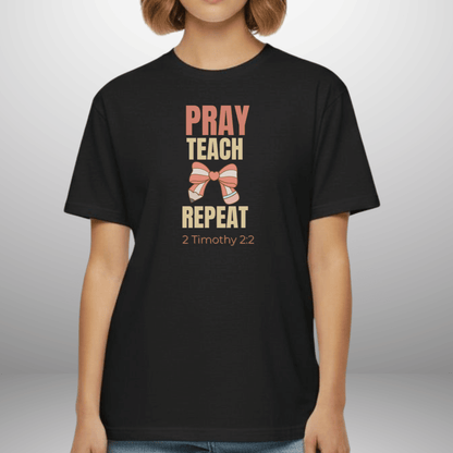 Pray Teach Repeat Coquette Bow (with 2 Timothy 2:2 Bible Verse) Christian Tee— Back-to-School Pastel Pop Pencil