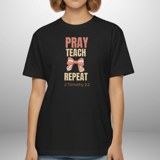 Pray Teach Repeat Coquette Bow (with 2 Timothy 2:2 Bible Verse) Christian Tee— Back-to-School Pastel Pop Pencil