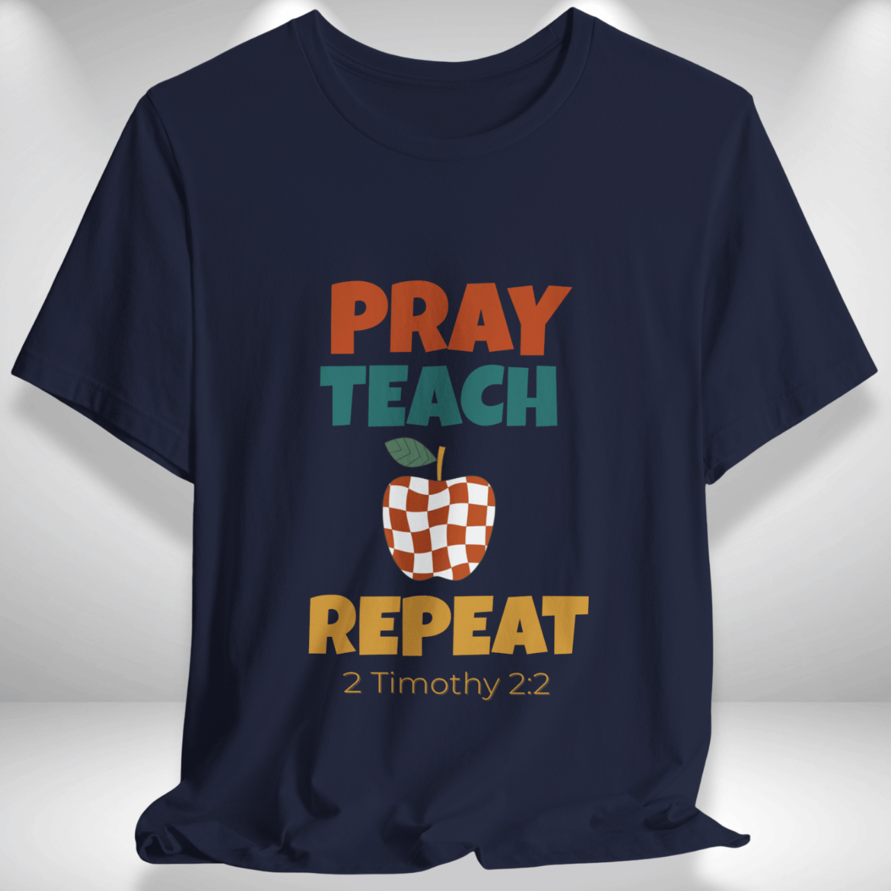 Pray Teach Repeat Apple ( with 2 Timothy 2:2 Bible Verse) Christian Tee — Back-to-School Retro Checkered Apple