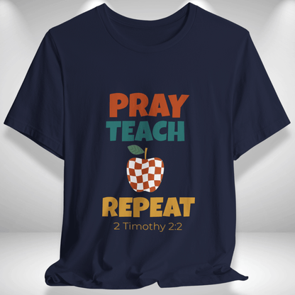 Pray Teach Repeat Apple ( with 2 Timothy 2:2 Bible Verse) Christian Tee — Back-to-School Retro Checkered Apple