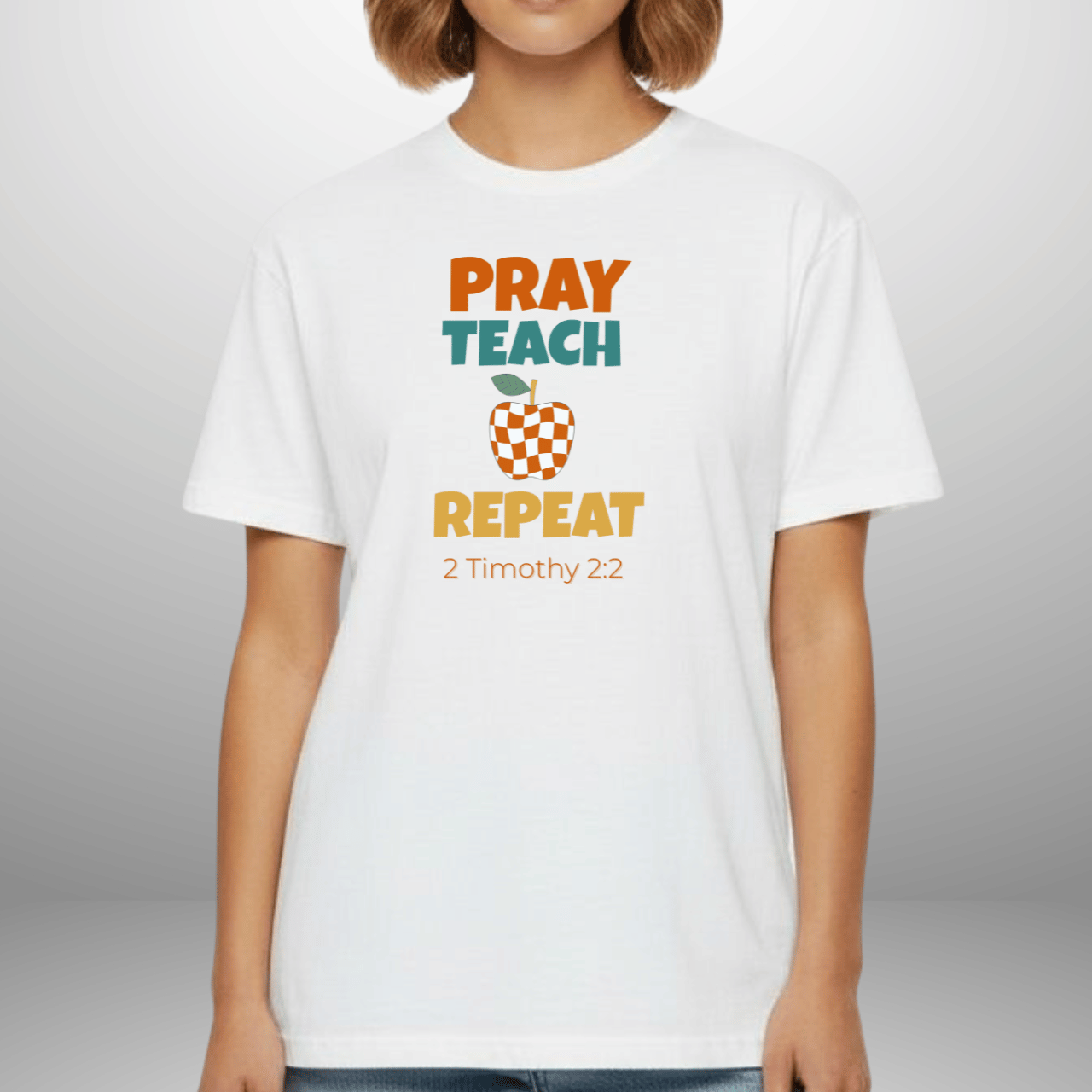 Pray Teach Repeat Apple ( with 2 Timothy 2:2 Bible Verse) Christian Tee — Back-to-School Retro Checkered Apple