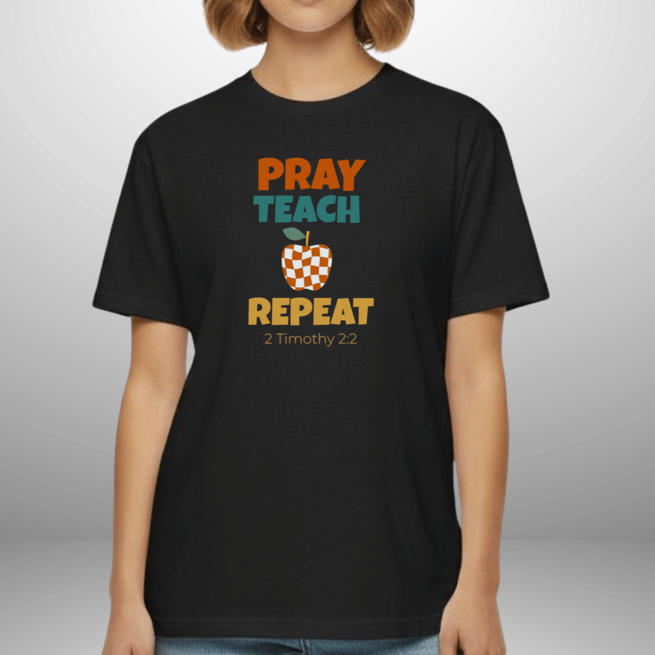 Pray Teach Repeat Apple ( with 2 Timothy 2:2 Bible Verse) Christian Tee — Back-to-School Retro Checkered Apple