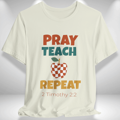 Pray Teach Repeat Apple ( with 2 Timothy 2:2 Bible Verse) Christian Tee — Back-to-School Retro Checkered Apple