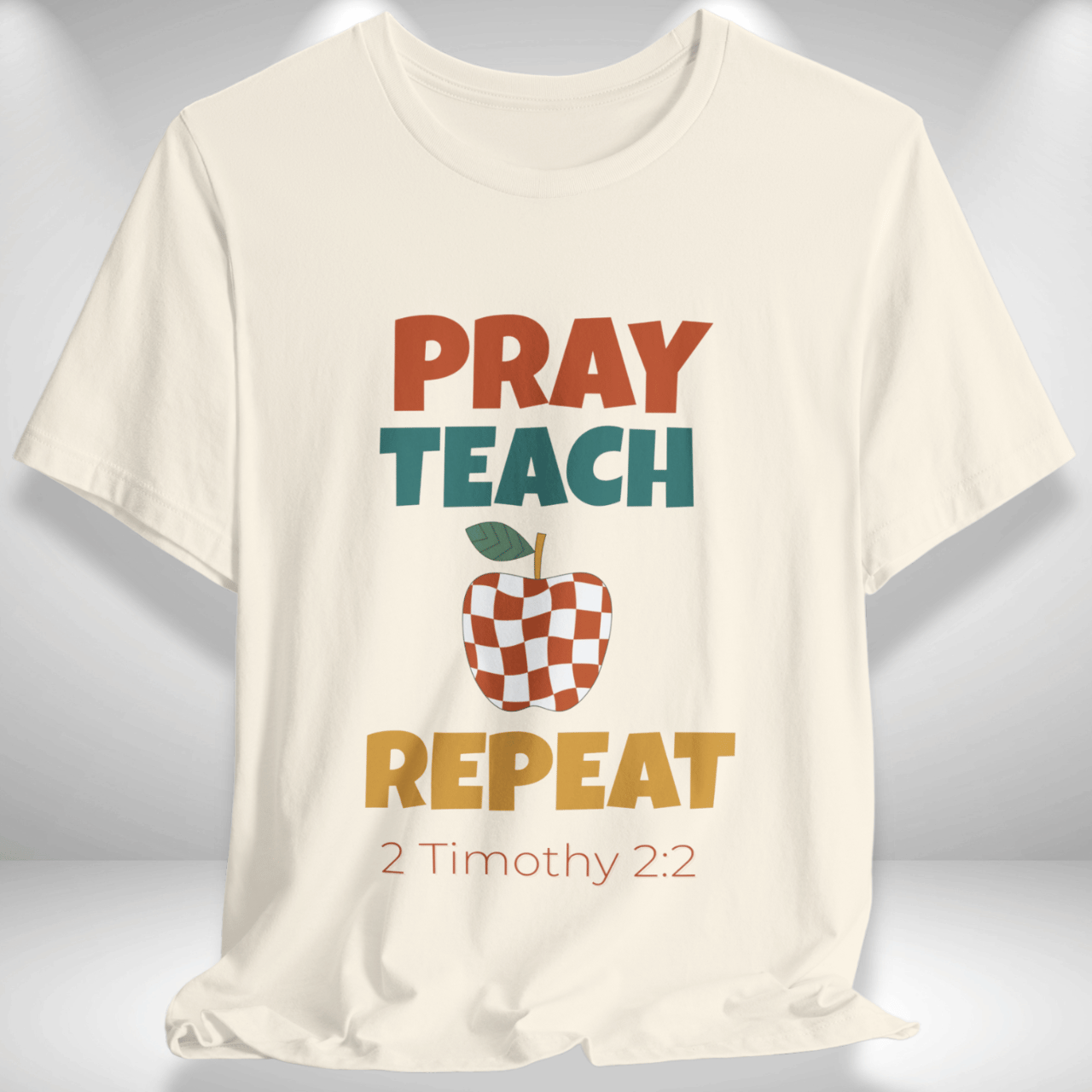 Pray Teach Repeat Apple ( with 2 Timothy 2:2 Bible Verse) Christian Tee — Back-to-School Retro Checkered Apple