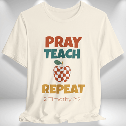 Pray Teach Repeat Apple ( with 2 Timothy 2:2 Bible Verse) Christian Tee — Back-to-School Retro Checkered Apple