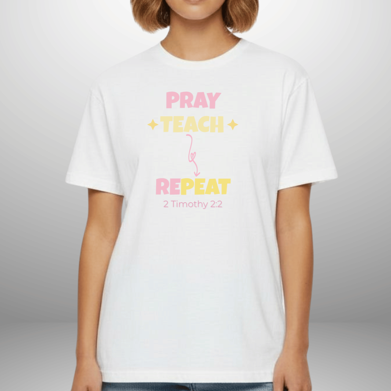 Pray Teach Repeat Coquette Bow (with 2 Timothy 2:2 Bible Verse) Christian Tee — Back-to-School Pastel Stars