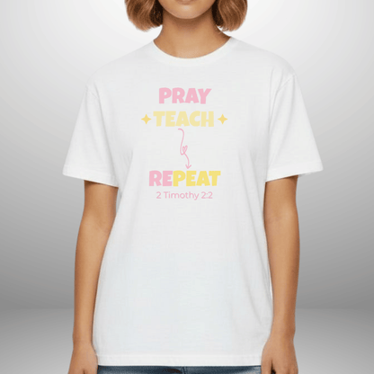 Pray Teach Repeat Coquette Bow (with 2 Timothy 2:2 Bible Verse) Christian Tee — Back-to-School Pastel Stars