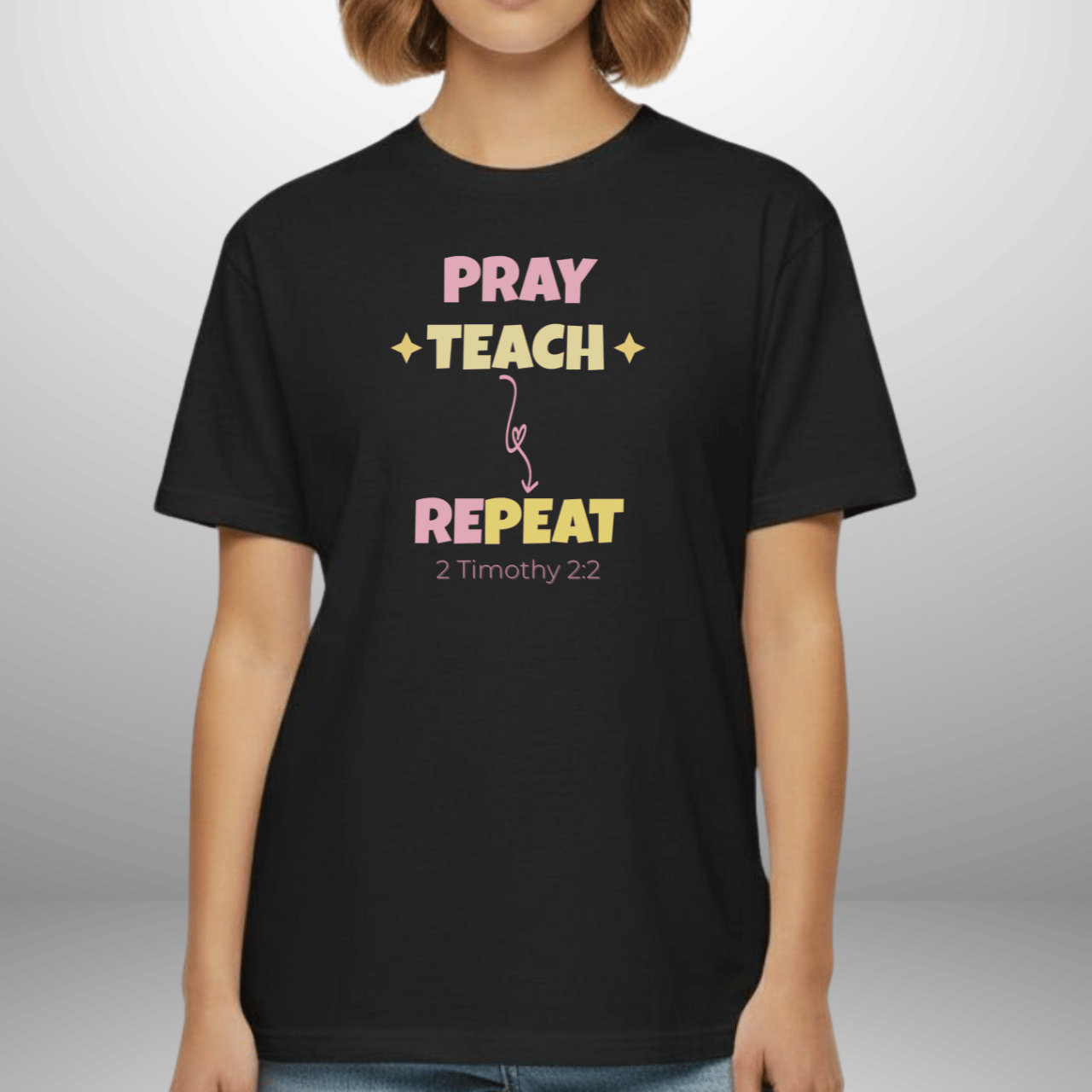 Pray Teach Repeat Coquette Bow (with 2 Timothy 2:2 Bible Verse) Christian Tee — Back-to-School Pastel Stars