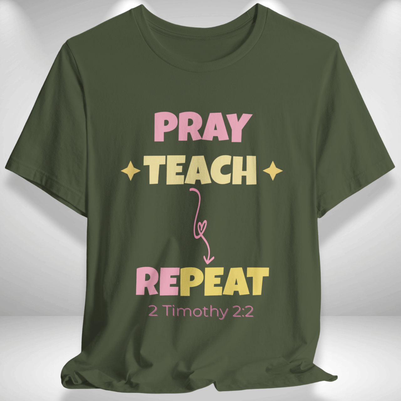 Pray Teach Repeat Coquette Bow (with 2 Timothy 2:2 Bible Verse) Christian Tee — Back-to-School Pastel Stars