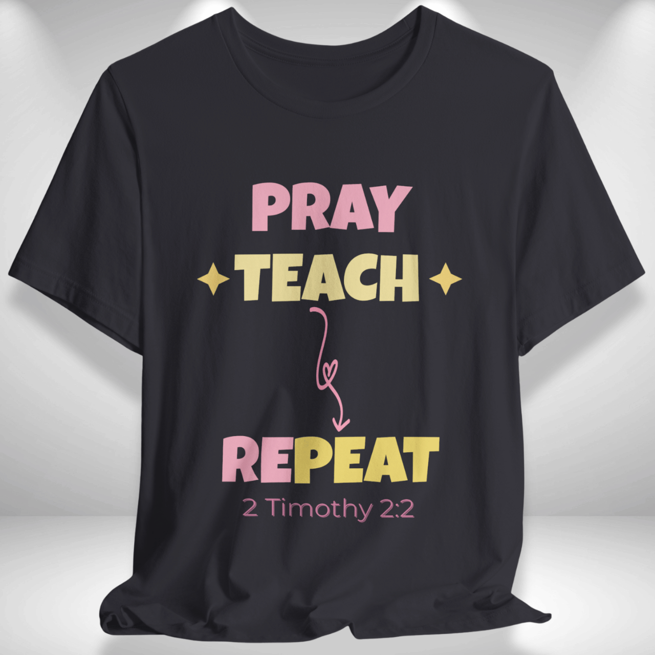 Pray Teach Repeat Coquette Bow (with 2 Timothy 2:2 Bible Verse) Christian Tee — Back-to-School Pastel Stars