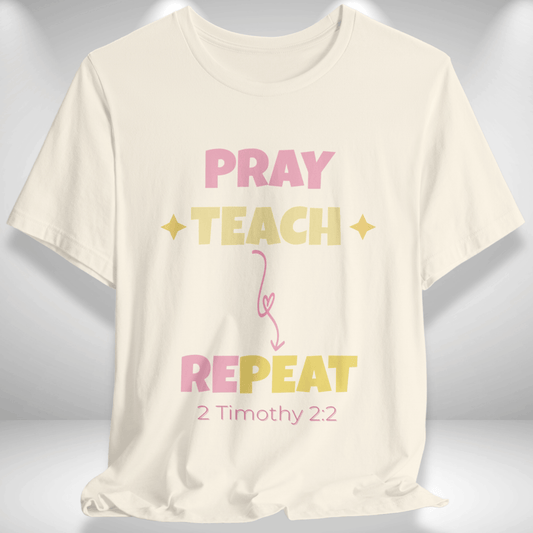 Pray Teach Repeat Coquette Bow (with 2 Timothy 2:2 Bible Verse) Christian Tee — Back-to-School Pastel Stars