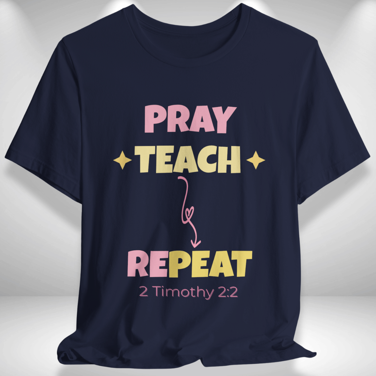 Pray Teach Repeat Coquette Bow (with 2 Timothy 2:2 Bible Verse) Christian Tee — Back-to-School Pastel Stars