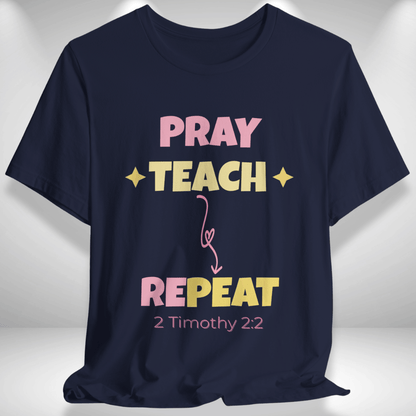 Pray Teach Repeat Coquette Bow (with 2 Timothy 2:2 Bible Verse) Christian Tee — Back-to-School Pastel Stars