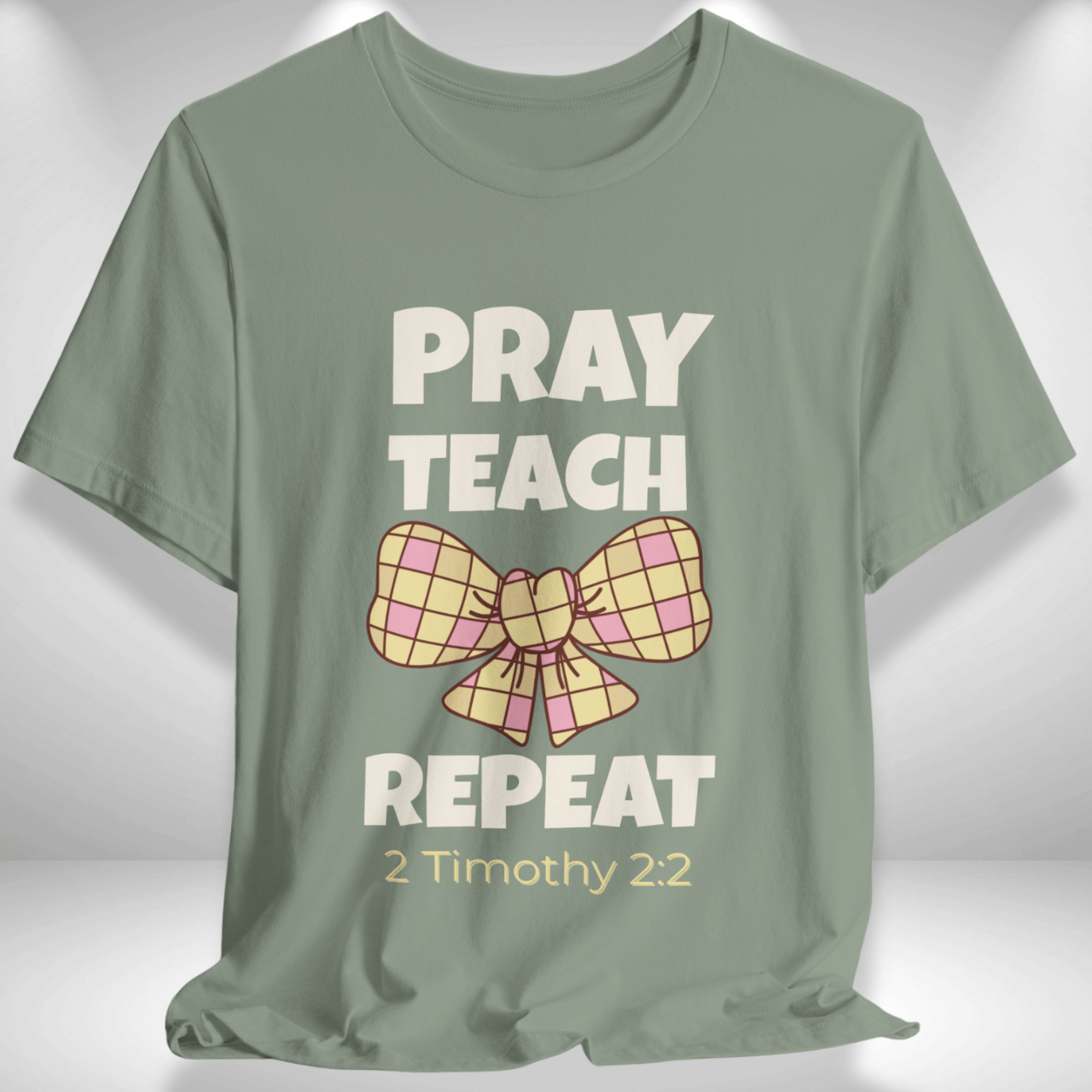 Pray Teach Repeat Coquette Bow (with 2 Timothy 2:2 Bible Verse) Christian Tee — Back-to-School Checkered Bow
