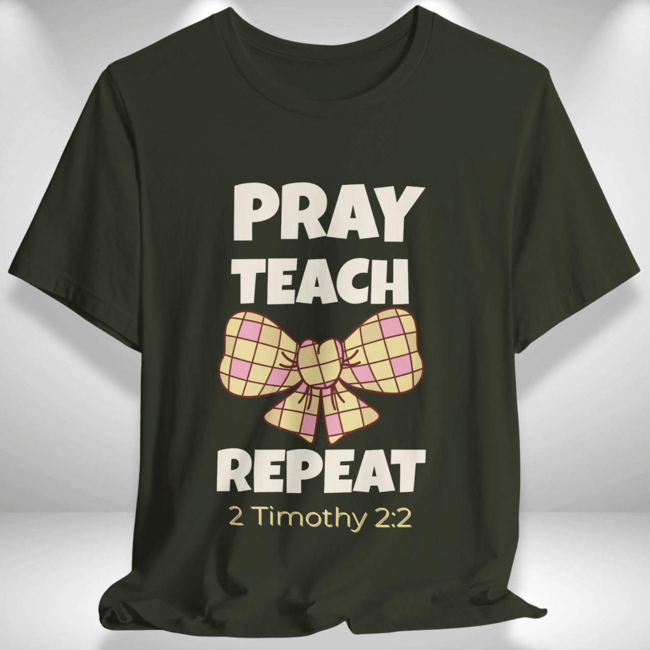 Pray Teach Repeat Coquette Bow (with 2 Timothy 2:2 Bible Verse) Christian Tee — Back-to-School Checkered Bow