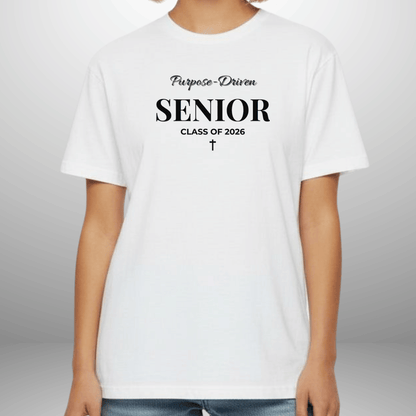 Purpose-Driven Senior Class of 2026 (Colossians 3:23 Bible Verse on Sleeve) Christian Tee — Black Print  — Bella+Canvas 3001