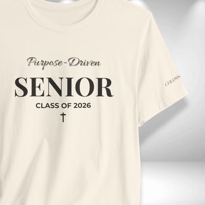 Purpose-Driven Senior Class of 2026 (Colossians 3:23 Bible Verse on Sleeve) Christian Tee — Black Print  — Bella+Canvas 3001